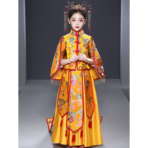 Girls Kids gold green Chinese style phoenix Hanfu fairy dress Empress Queen cosplay dress ancient folk costume Tang suit girl catwalk model trailing dresses